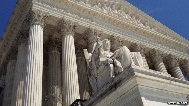 The front facade of the US Supreme Court building.