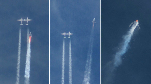 The Virgin Galactic SpaceShipTwo rocket explodes in the air during a test flight - 31 October 2014