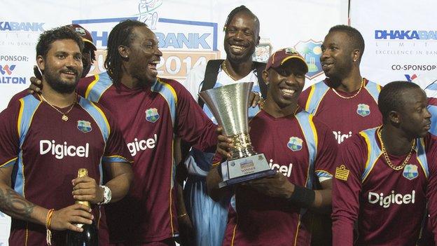 West Indies players celebrate their recent one-day series win in Bangladesh