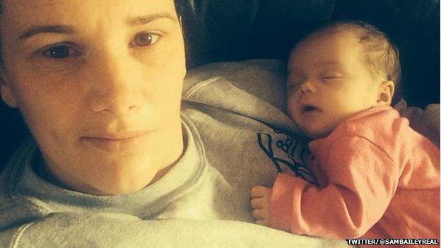 Sam shared a make-up free picture of herself with her baby girl Miley on Monday