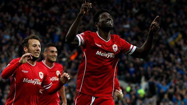 Bruno Ecuele Manga of Cardiff celebrates scoring his team's first goal