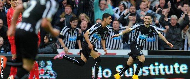 Ayoze Perez celebrates scoring against Liverpool.