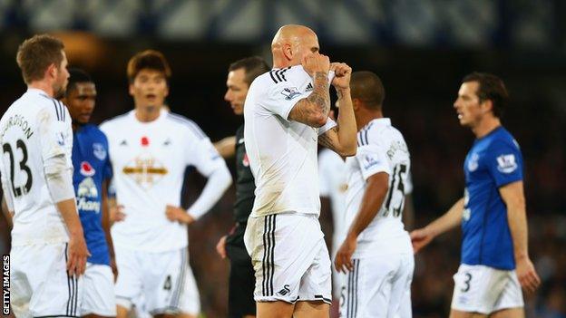 Swansea midfielder Jonjo Shelvey is sent off for his side at Everton