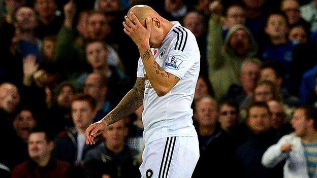 Swansea midfielder Jonjo Shelvey is sent off for his side at Everton