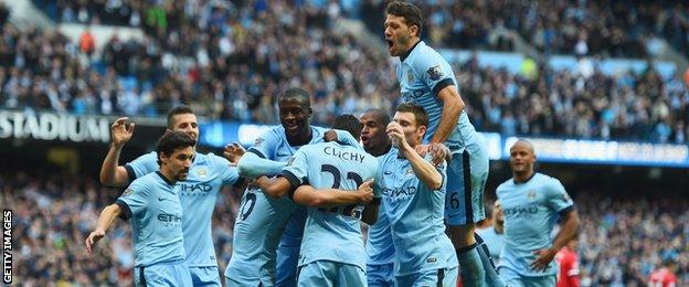 Manchester City celebrate Sergio Aguero's opening goal