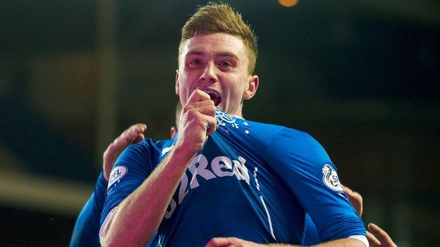 Midfielder Lewis Macleod celebrates with Rangers