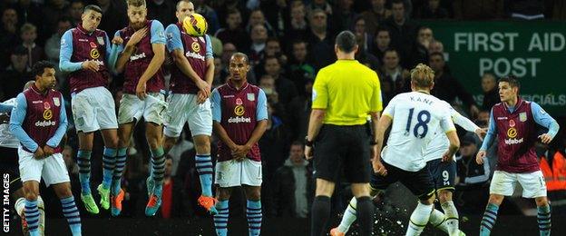 Harry Kane scores Tottenham's late winner with a free-kick at Aston Villa