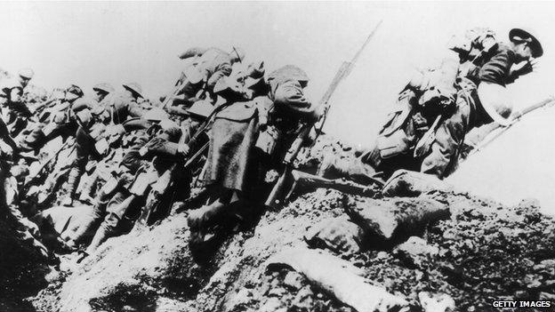 British troops climbing from their trench in World War One