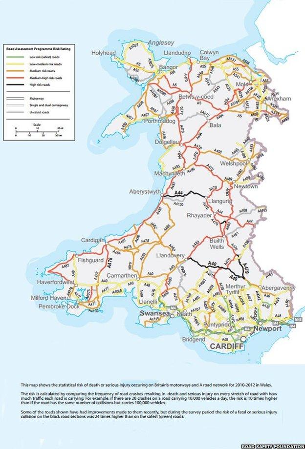 Risk rating map for roads in Wales