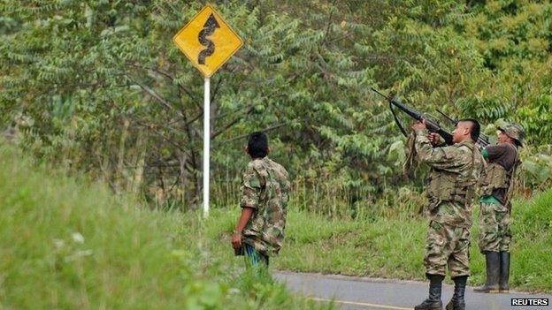 Farc fighters in the mountains of Caldono, Cauca province. 4 June 2013