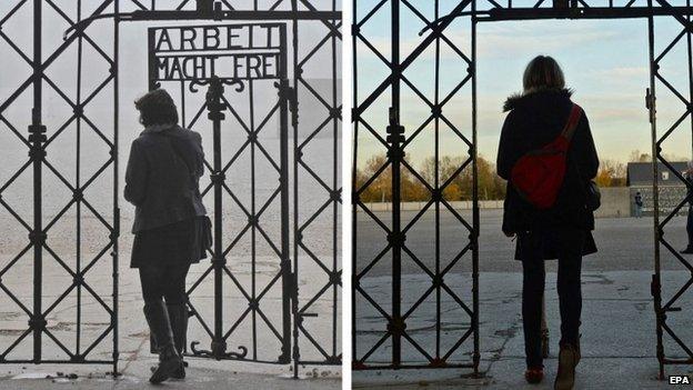 A before and after shot showing the theft of the gate at Dachau