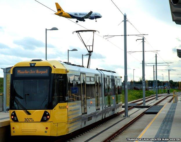 plane flies over tram at Manchester airport stop