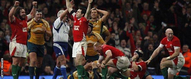 Wales celebrate beating Australia