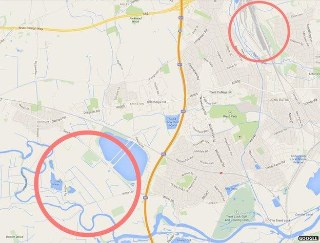 Google map showing Toton and Breaston