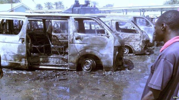 The site of a bomb blast at a bus station in Gombe, north-eastern Nigeria (31 October 2014)