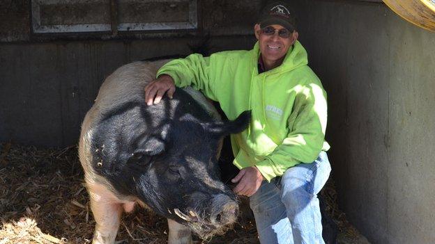 Kirk Swanson with his beloved prize boar Hillbilly Bone at 4K Farms in Red Oak Iowa