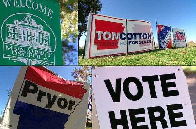 Welcome to Main Street Osceola sign, Tom Cotton sign, Pryor sign, Vote Here sign