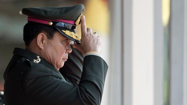 Thailand's Prime Minister Prayuth Chan-ocha gestures during a military parade marking his retirement as commander in chief of the Royal Thai Army