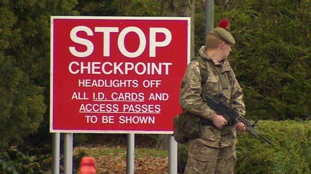 Soldier guarding checkpoint at Bassingbourn Barracks