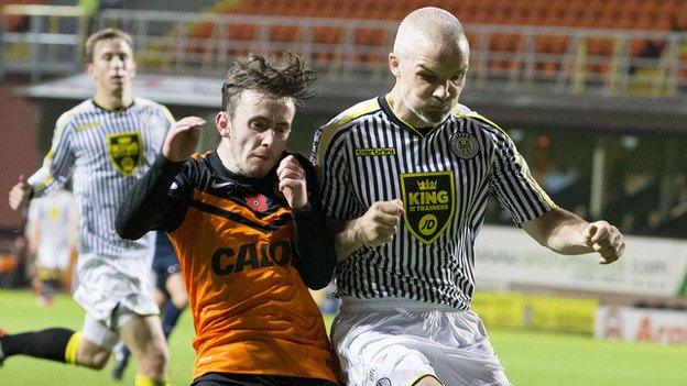 Dundee United's Aidan Connolly is challenged by St Mirren's Jim Goodwin