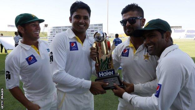 Pakistan's players with the Test series trophy