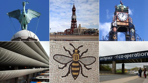 (Clockwise from top left) The Liver Bird, Blackpool Tower, Chester Eastgate, Rochdale, Manchester bee mosaic, Preston bus station