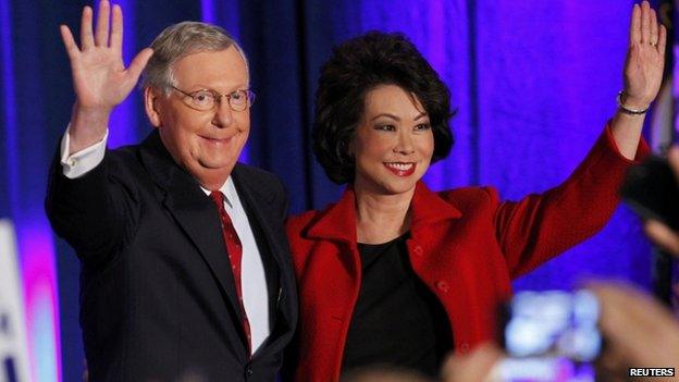 U.S. Senate Minority Leader Mitch McConnell (R-KY) waves to supporters with his wife, former United States Secretary of Labor Elaine Chao, at his midterm election night rally in Louisville