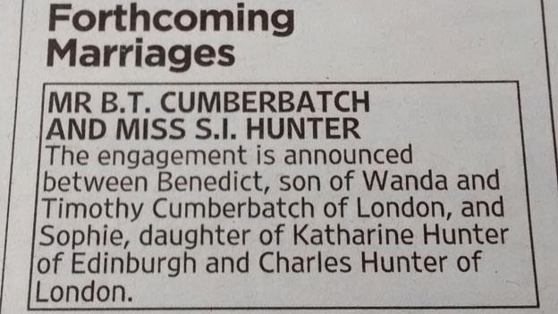 Benedict Cumberbatch and Sophie Hunter's engagement notice