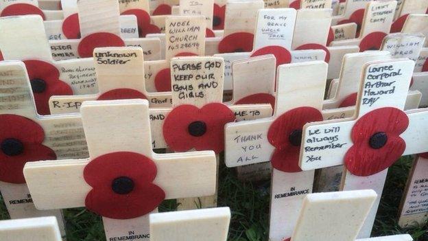 Wooden crosses outside Cardiff castle