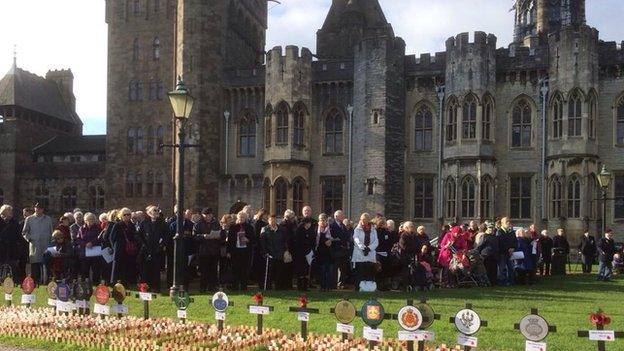 Wooden crosses outside Cardiff castle