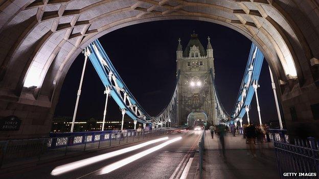 Tower Bridge seen at night