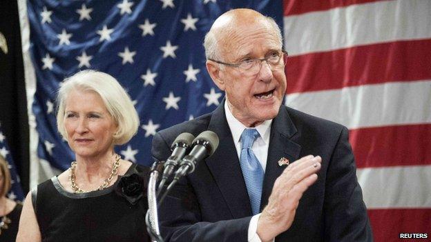 Republican Pat Roberts speaks to supporters after the results of the midterm elections in Topeka, Kansas, on 4 November 2014