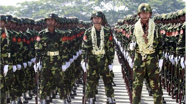 Myanmar soldiers attend a ceremony marking the country"s 67th Armed Forces Day in Naypyitaw, Myanmar, on Tuesday, March 27, 2012.