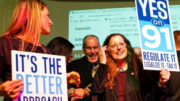 Supporters of marijuana legalisation celebrate in Oregon.