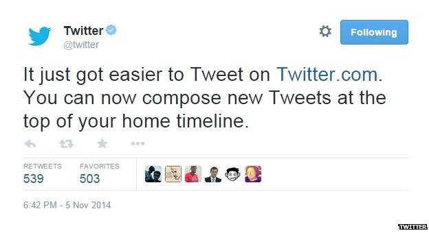 Tweet from @twitter reading: "It just got easier to Tweet on Twitter.com. You can now compose new Tweets at the top of your home timeline."
