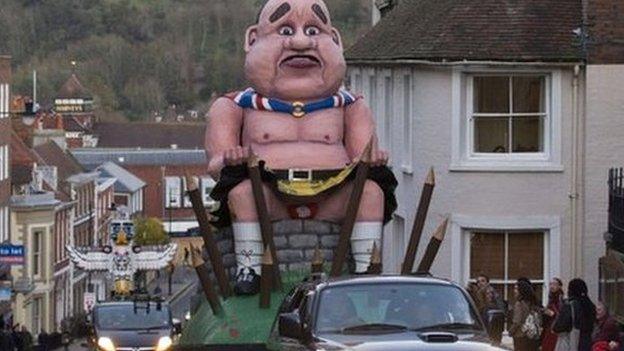 An effigy of defeated Scottish independence leader Alex Salmond is paraded through Lewes, Sussex