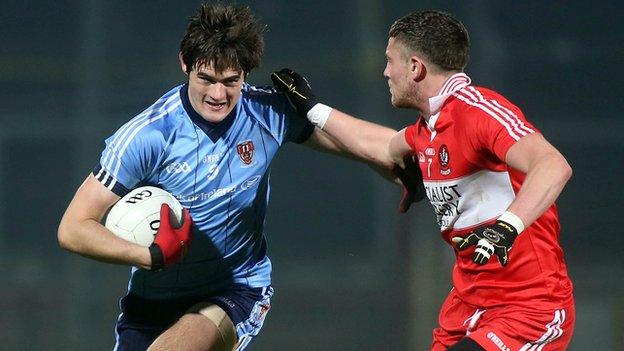 Chrissy McKaigue in action for Jordanstown against his Derry county side in the 2013 McKenna Cup