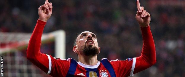 Bayern Munich forward Franck Ribery celebrates scoring against Roma in the Champions League