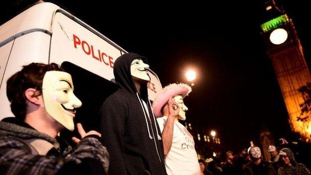 Members of activist group Anonymous during a protest in Parliament Square