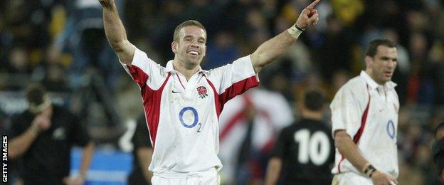 Joe Worsley celebrates after England defeat New Zealand in Wellington in June 2003