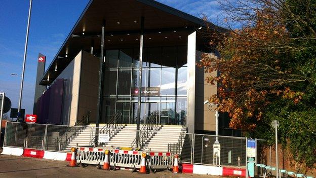 Northampton Castle Station with barricades in front of the new opening