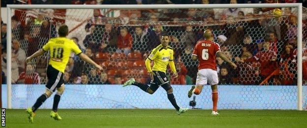 Andre Gray celebrates scoring against Nottingham Forest