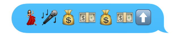 Emojis of dancing woman, microphone, bag of cash, dollar bills and an up arrow