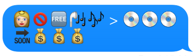 Emojis showing a girl with a crown, a red circle with a line, the word free, headphones and musical notes, a greater than sign, CDs, the word soon and some bags of cash