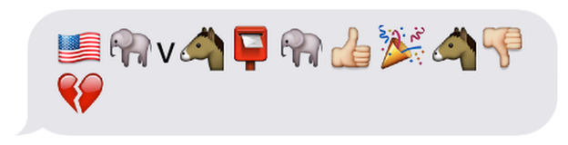 Emojis showing an American flag, elephant v donkey, postbox, elephant, thumbs up, party streamer, donkey, thumbs down and a broken heart