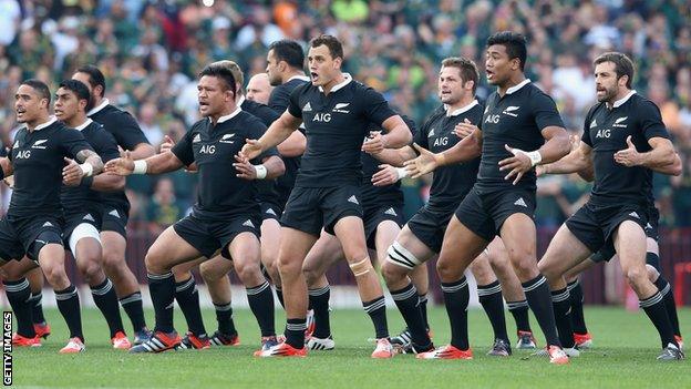 New Zealand rugby union team perform the haka