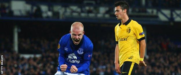 Steven Naismith celebrates scoring for Everton against Lille in the Europa League