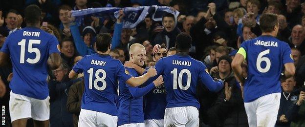 Everton players celebrate a 3-0 win over Lille in the Europa League