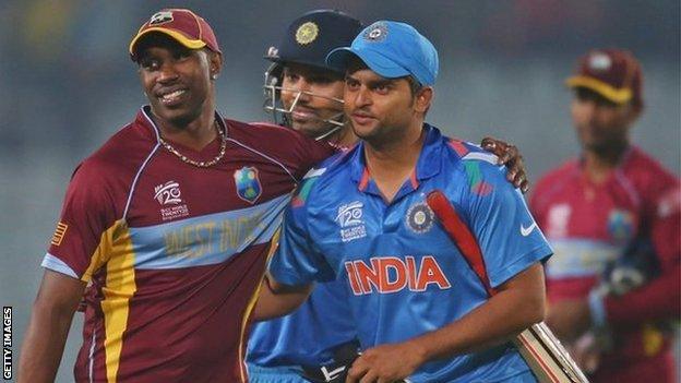 West Indies' Dwayne Bravo and India's Suresh Raina