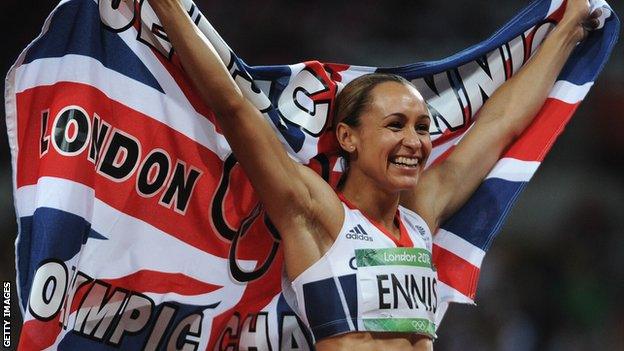 Jessica Ennis-Hill celebrates winning at London 2012